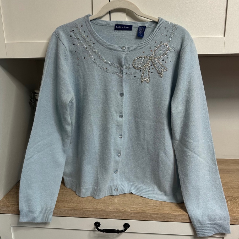 Vintage 90s Cardigan Sweater Women's L Blue Lambswool Angora Sequin Bow Coquette